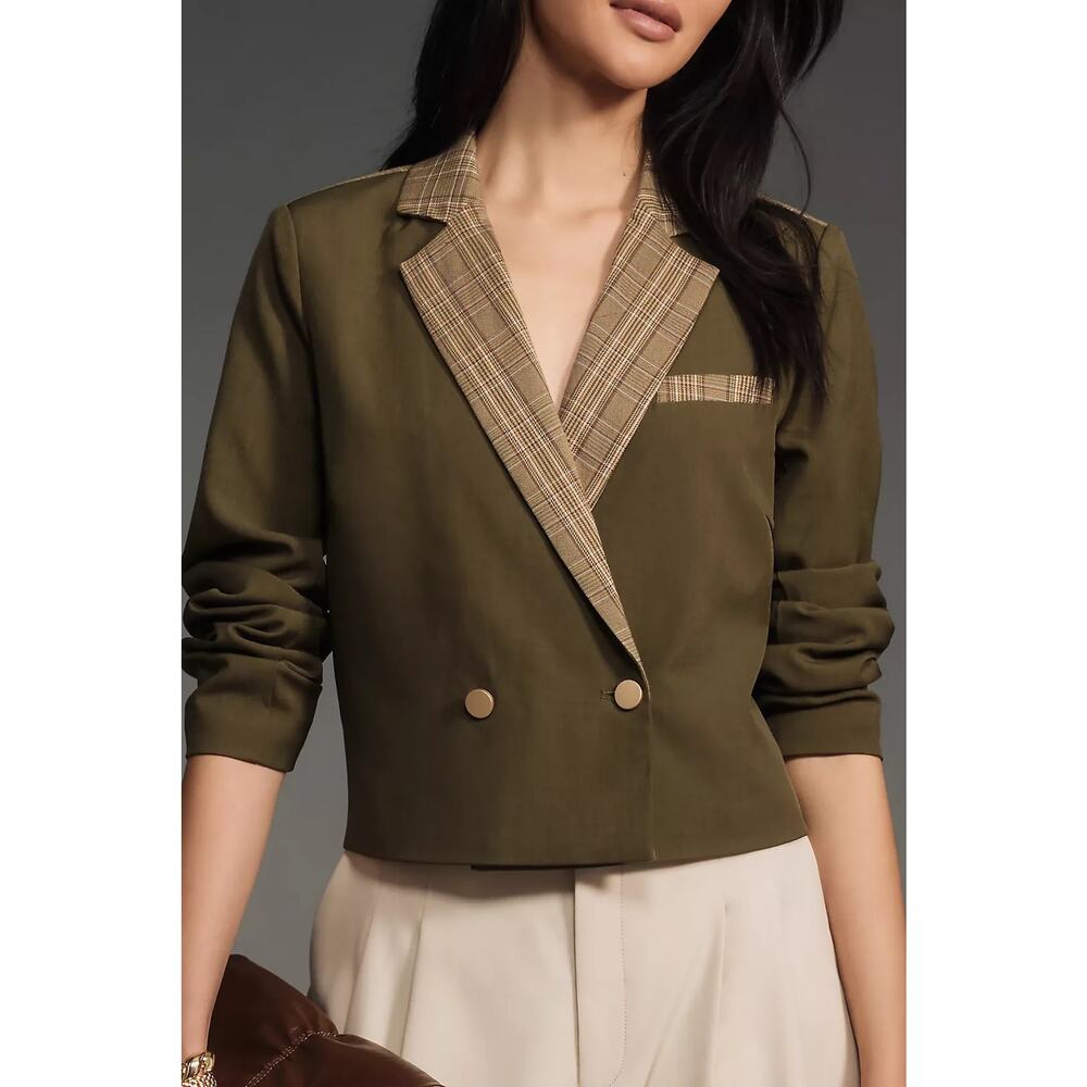 Anthropologie Dolan Plaid Contrast Cropped Blazer Jacket Green Size Large